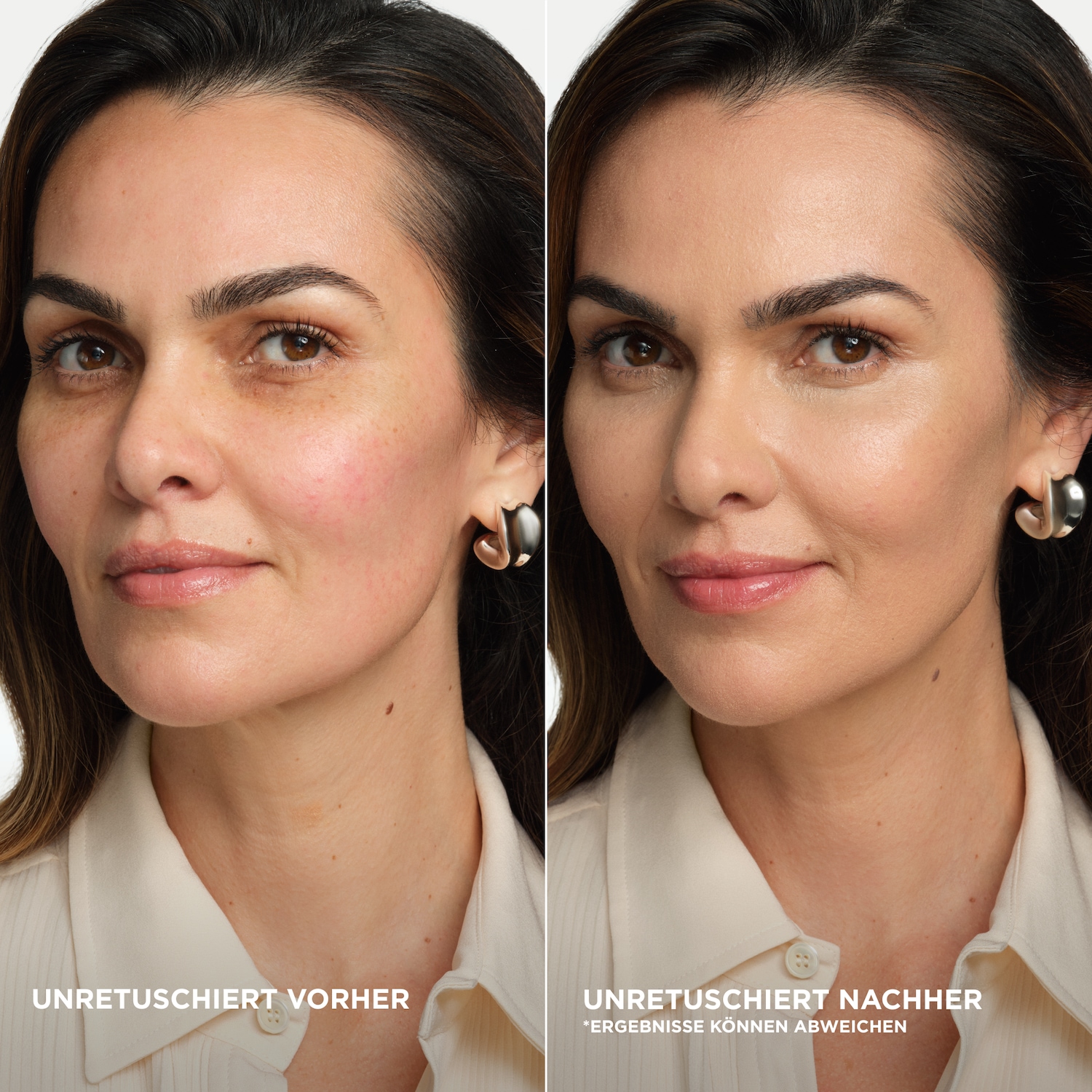 Vorher-Nachher-Vergleich zeigt eine Frau mit und ohne Make-up, wobei das Make-up einen ebenmäßigeren Teint und ein verfeinertes Aussehen verleiht.