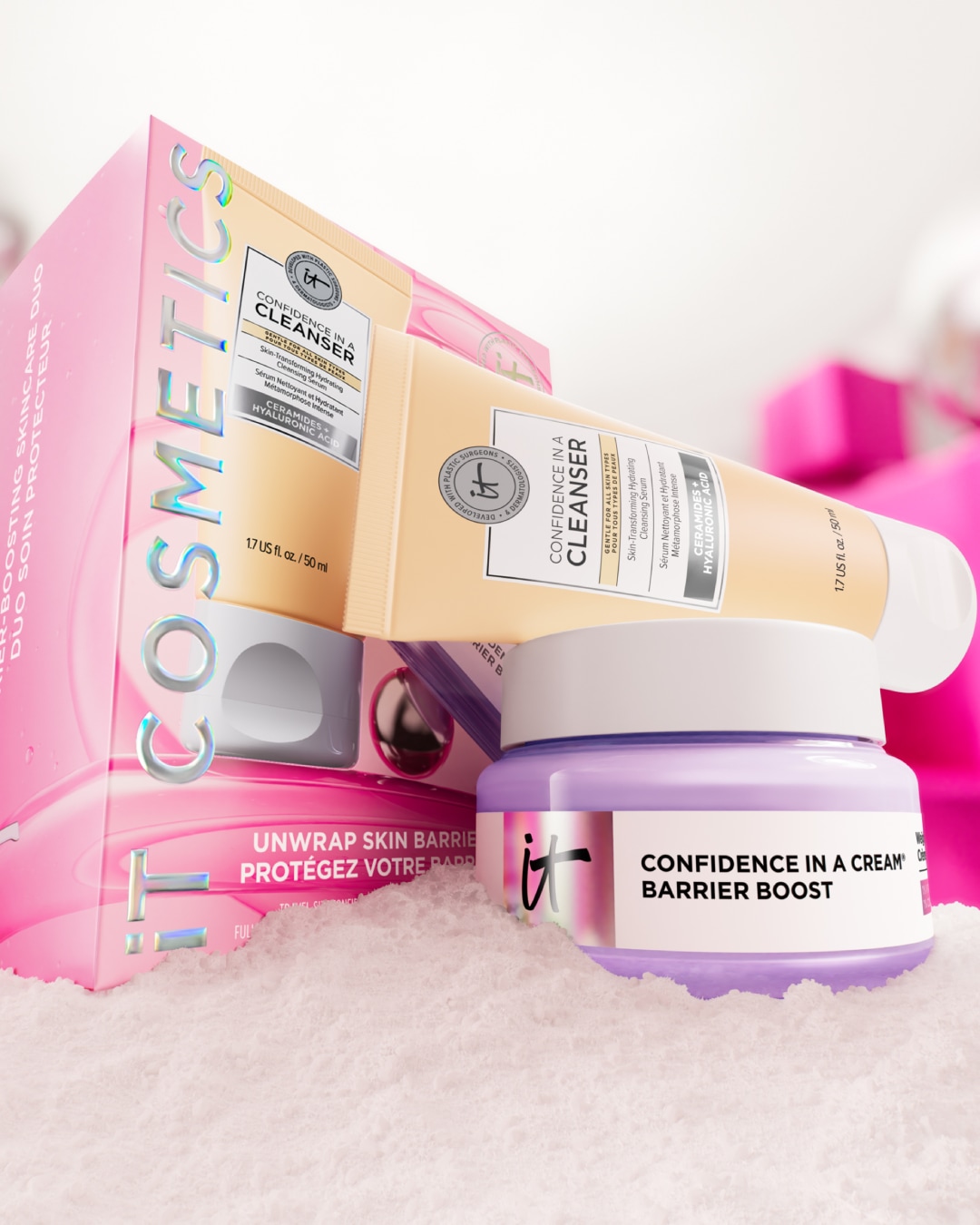 Entdecke das IT Cosmetics Hautpflege-Duo: Confidence in a Cleanser und Confidence in a Cream Barrier Boost für eine intensive Feuchtigkeitspflege und eine gestärkte Hautbarriere.