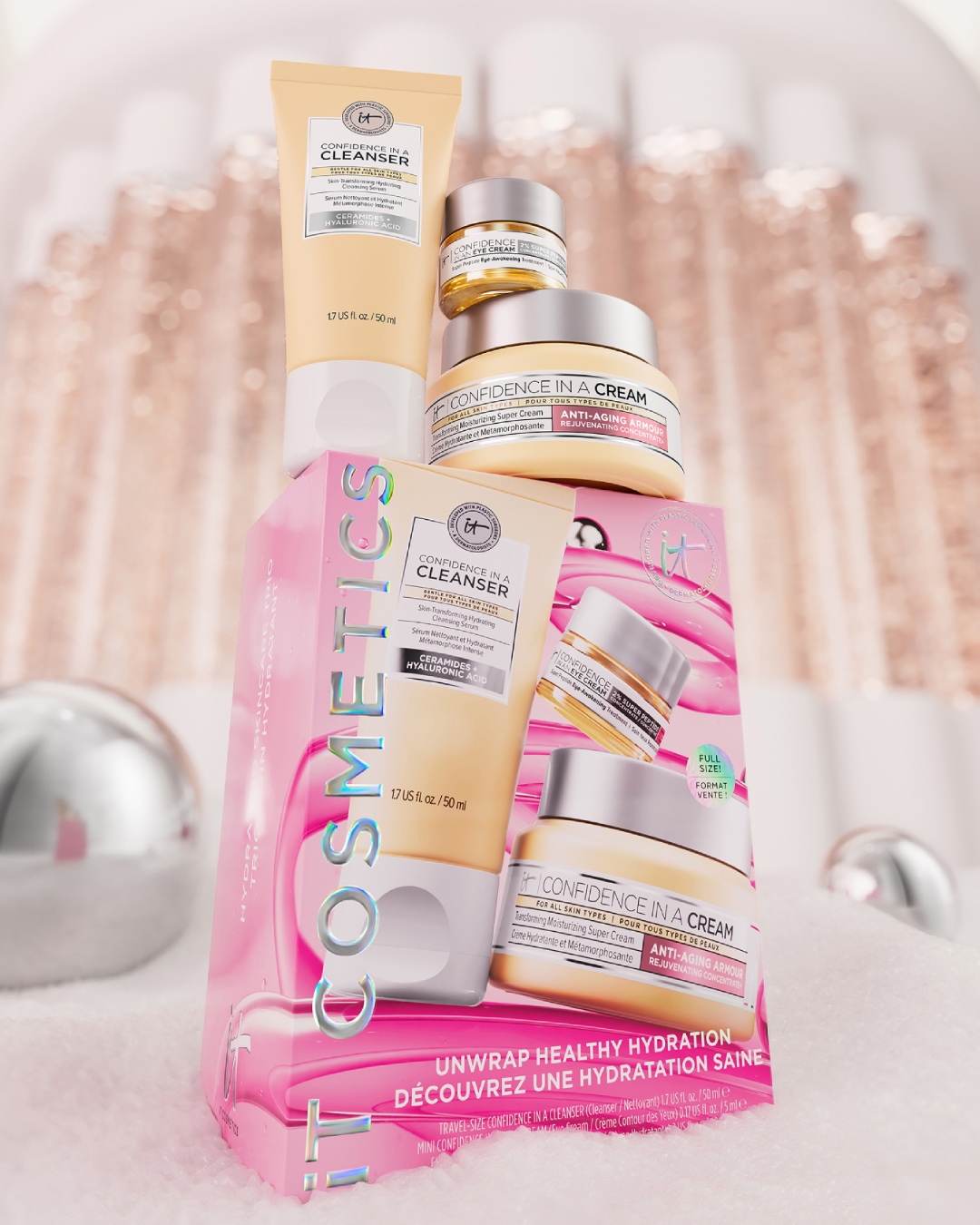 Entdecke das IT Cosmetics-Set mit Confidence in a Cleanser, Creme und Augencreme für gesunde Haut.