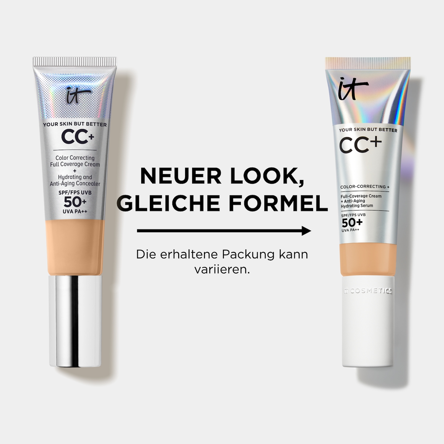 Entdecke die IT Cosmetics CC+ Creme: Color Correcting Full Coverage Cream mit LSF 50, die deine Haut perfektioniert und pflegt.