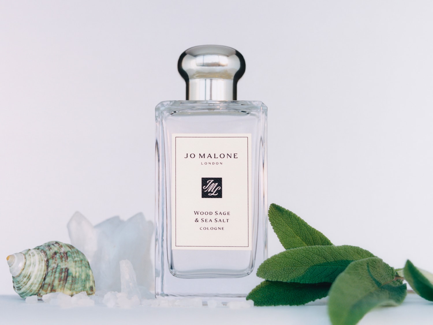 Das Jo Malone London Wood Sage & Sea Salt Cologne präsentiert sich in einem klaren Glasflakon mit silbernem Verschluss, umgeben von Salbeiblättern, Salz und einer Muschel.