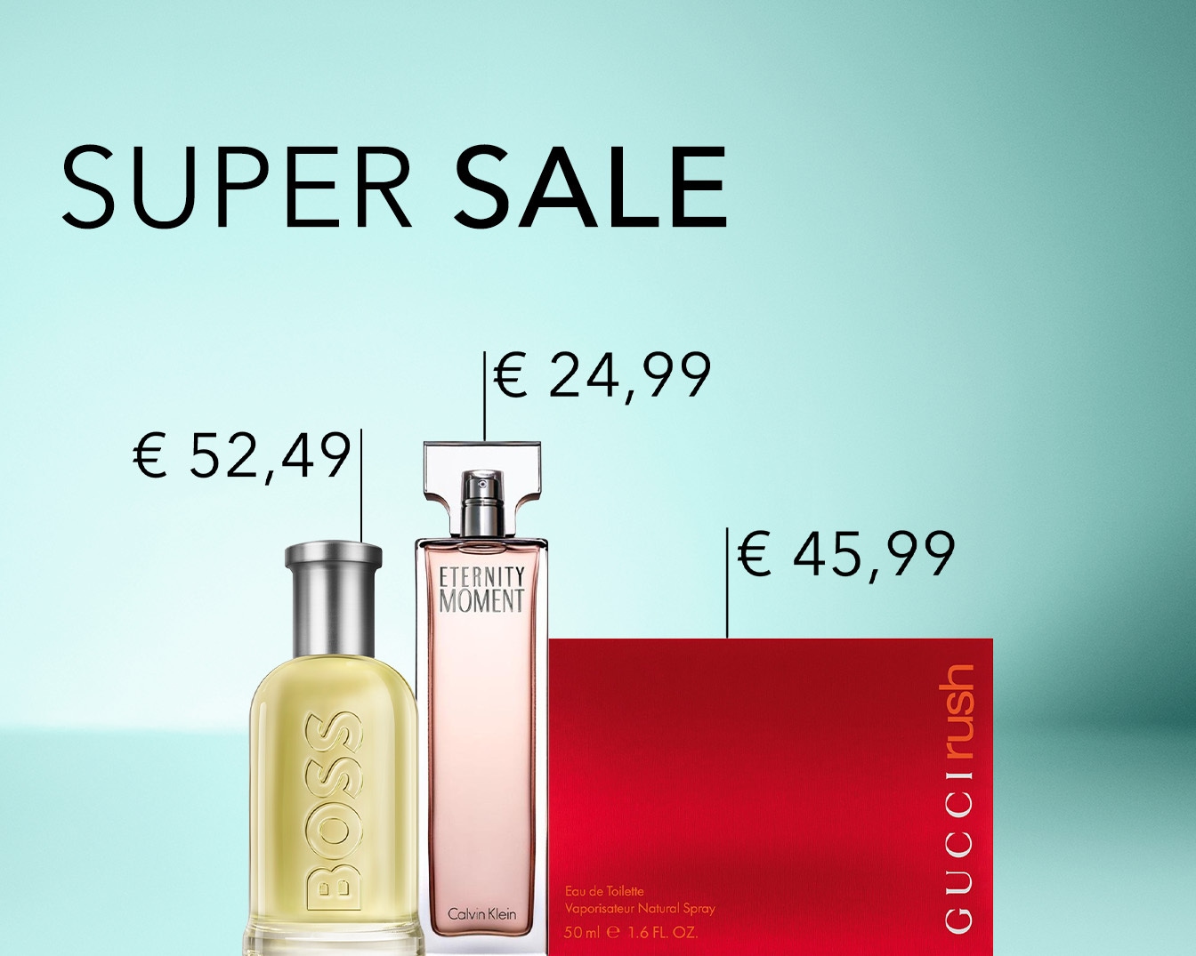 Super Sale met BOSS parfum voor €52,49, Calvin Klein Eternity Moment voor €24,99 en Gucci Rush voor €45,99.
