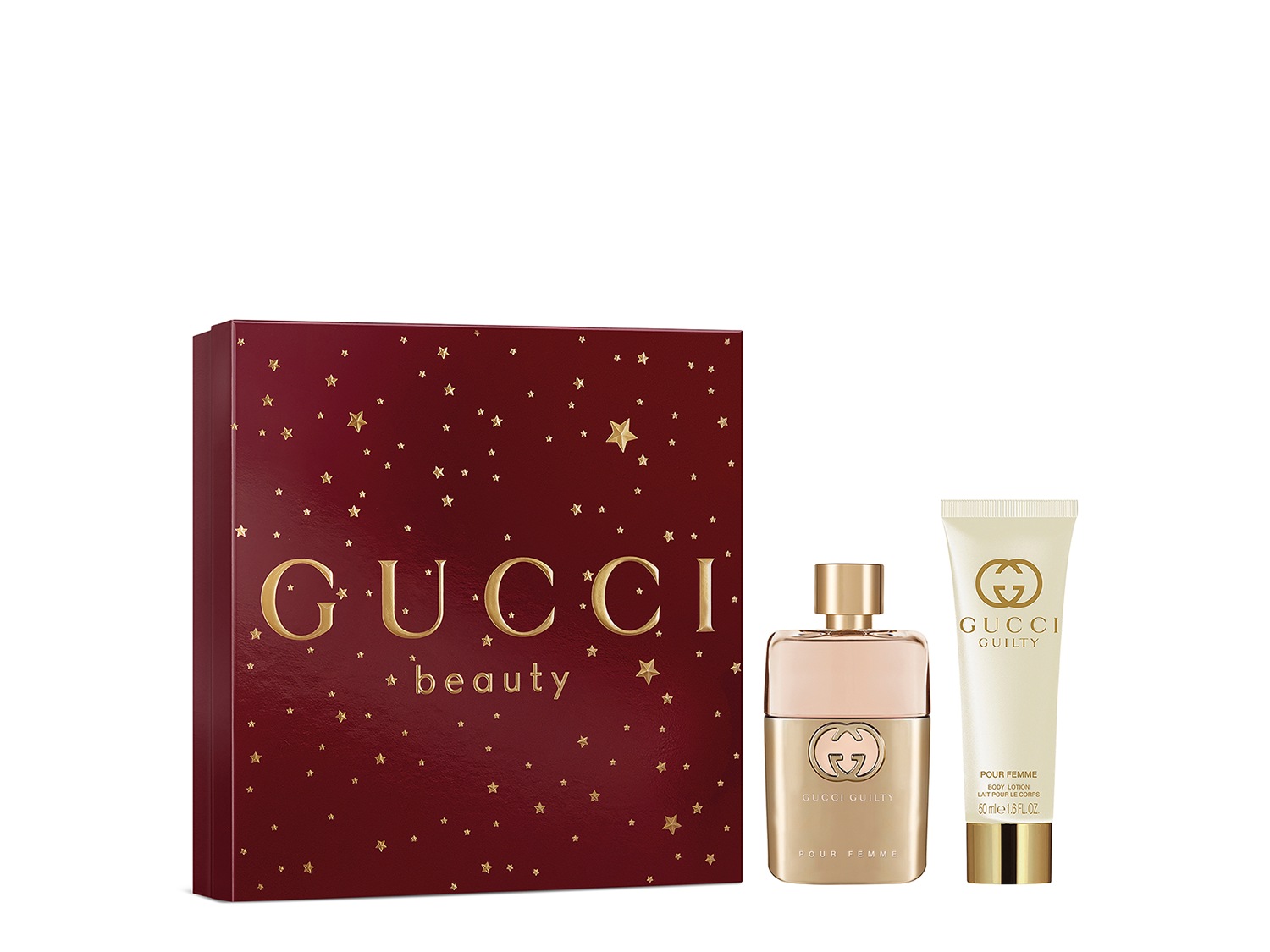 De Gucci Beauty set, verpakt in een bordeauxrode doos met gouden sterren, bevat een parfumflesje en een tube bodylotion.