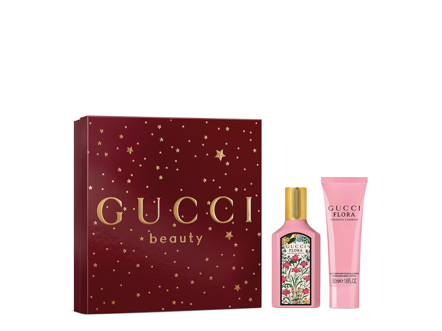 Ontdek de Gucci Flora geschenkset, met een parfumflesje, bodylotion en een feestelijke verpakking met gouden sterren.