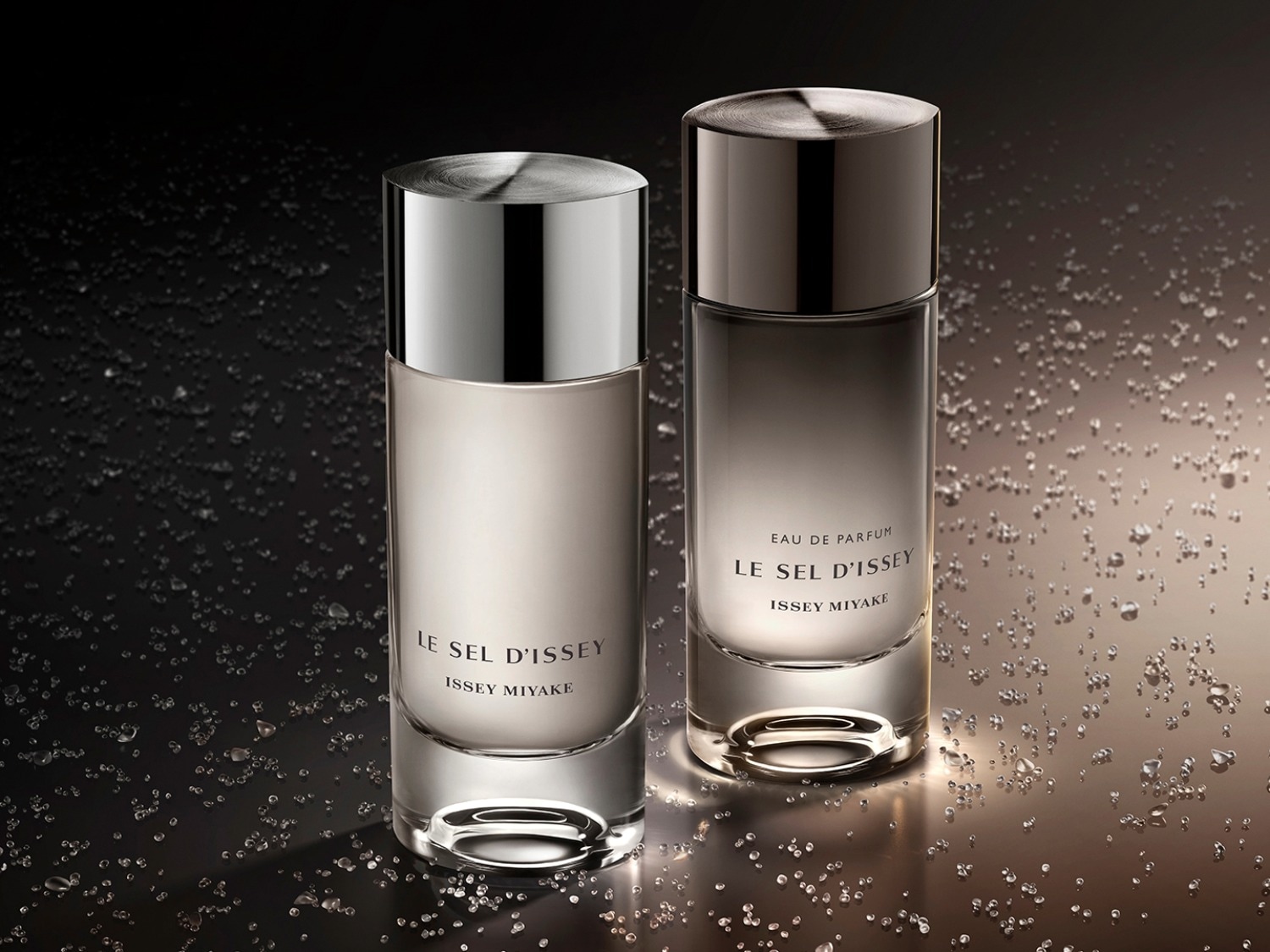 Twee flessen Le Sel d'Issey Eau de Parfum van Issey Miyake, met zilveren doppen en heldere glazen flessen, staan op een glinsterende achtergrond.