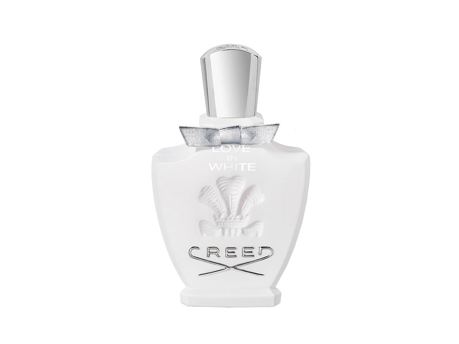 Biały flakon perfum Creed Love in White z srebrnymi akcentami, w tym wstążką i logo marki, emanuje elegancją i czystością.