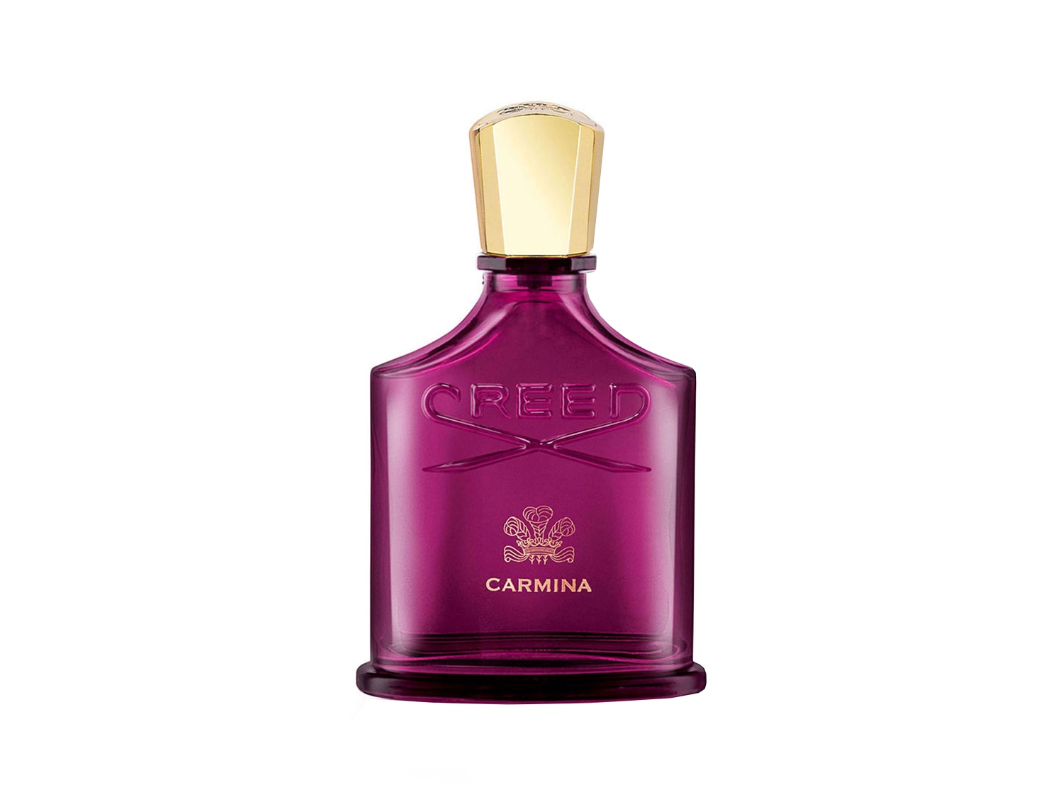 Butelka perfum Carmina marki Creed ma purpurowy odcień i złotą nakrętkę, emanując luksusem i wyrafinowaniem.
