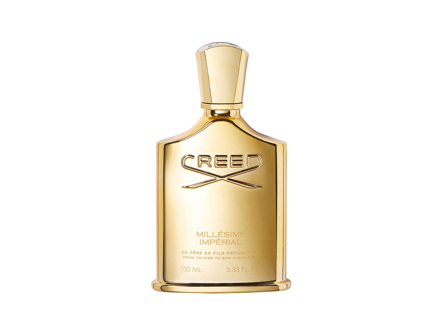 Błyszcząca, złota butelka perfum Creed Millesime Imperial o pojemności 100 ml, emanująca luksusem i elegancją.