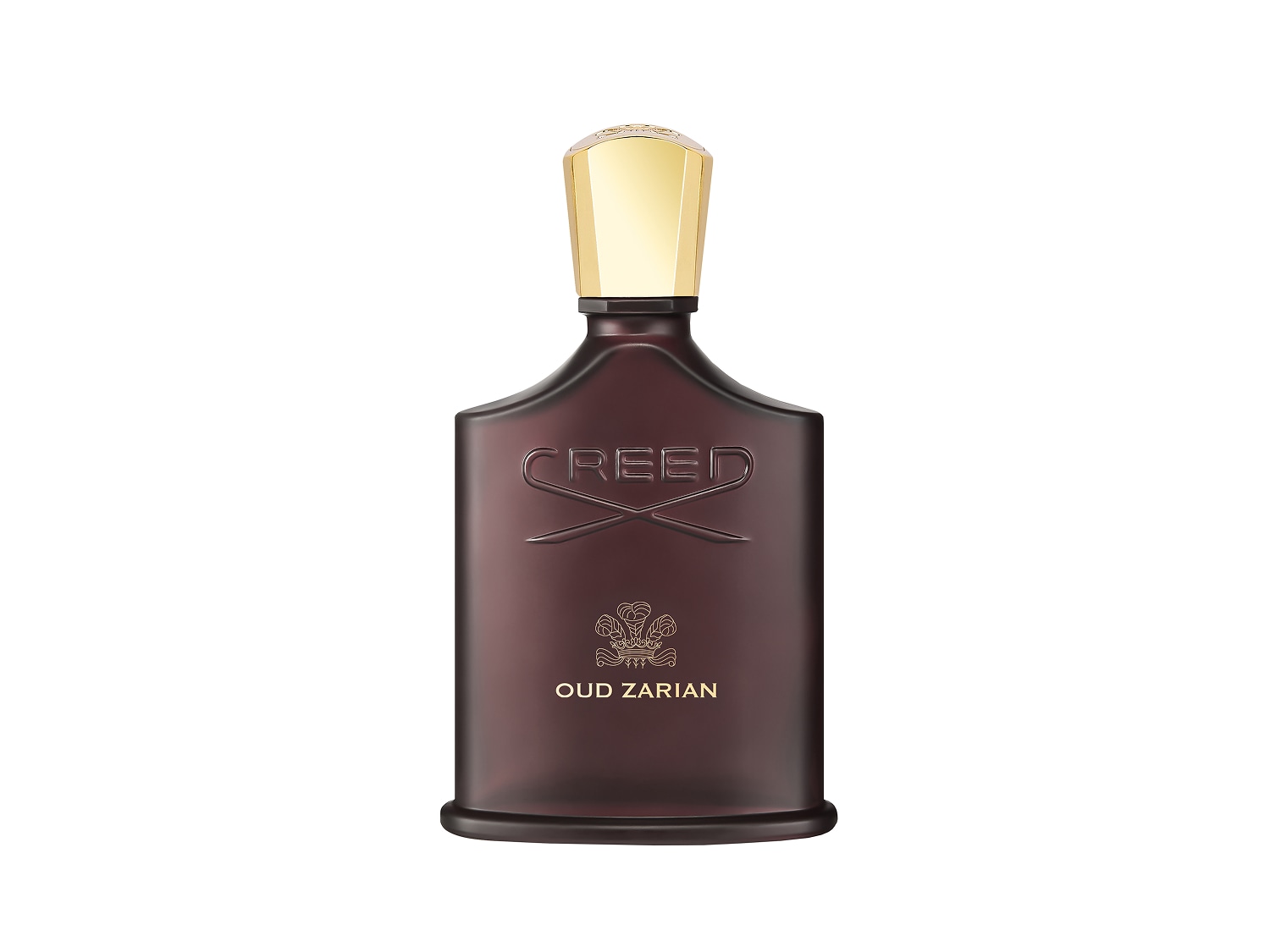 Butelka brązowych perfum Creed Oud Zarian z błyszczącą złotą nakrętką prezentuje luksus i wyrafinowanie.