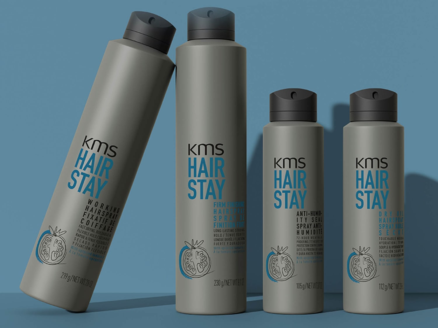 Voici un ensemble de quatre fixatifs capillaires KMS Hair Stay, chacun offrant une tenue et une protection différentes : tenue de travail, tenue ferme, anti-humidité et huile sèche.