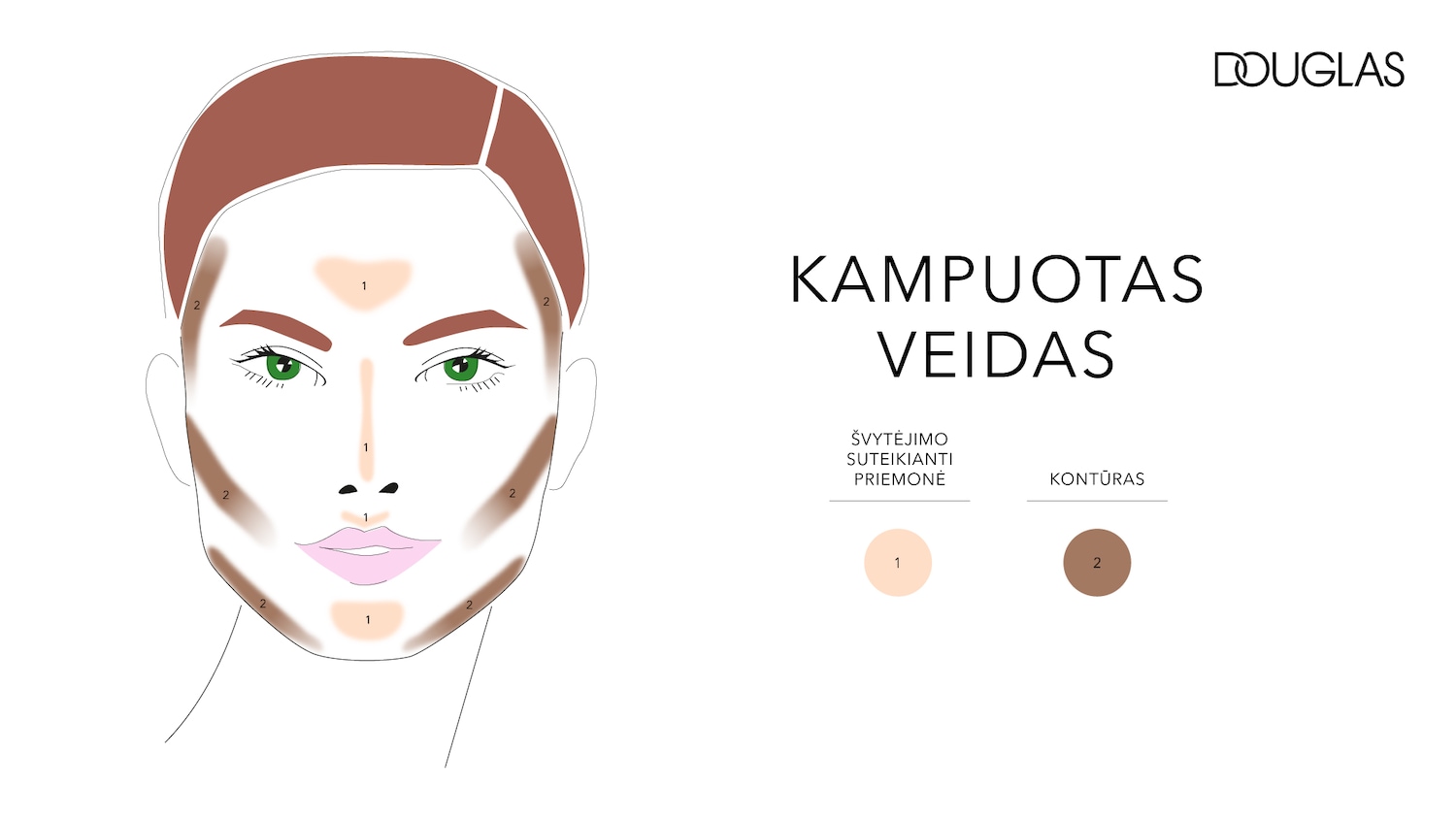 Veido kontūravimo schema su švytėjimo suteikiančia priemone ir kontūru, pažymėtais skaičiais 1 ir 2, Douglas logotipas viršuje dešinėje.