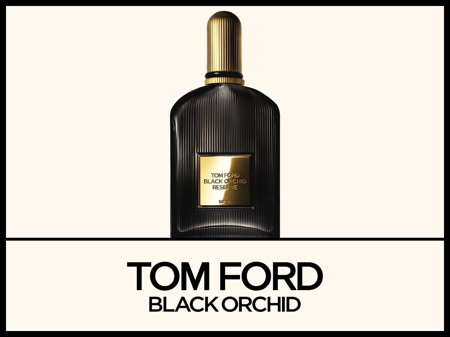 Schwarzer Flakon Tom Ford Black Orchid Reserve mit goldenem Etikett und Verschluss, darunter der Schriftzug TOM FORD BLACK ORCHID..
