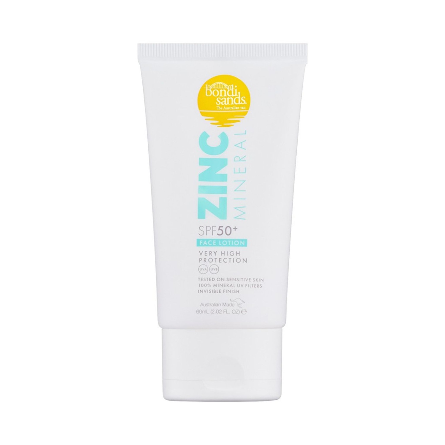 Bílá tuba Bondi Sands Zinc Mineral SPF50+ pleťové mléko s modrým písmem, které poskytuje velmi vysokou ochranu a je testováno na citlivou pokožku.