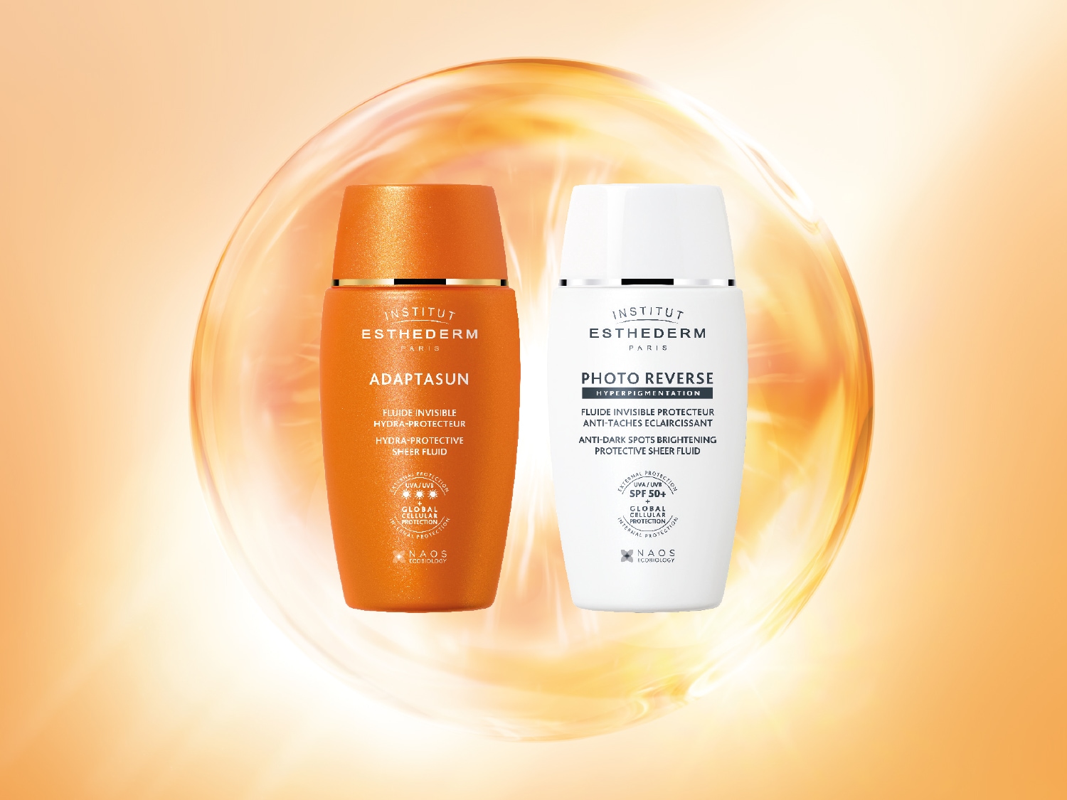 Voici Adaptasun et Photo Reverse d'Institut Esthederm, le premier dans un flacon orange et le second dans un flacon blanc, tous deux conçus pour protéger et embellir votre peau.