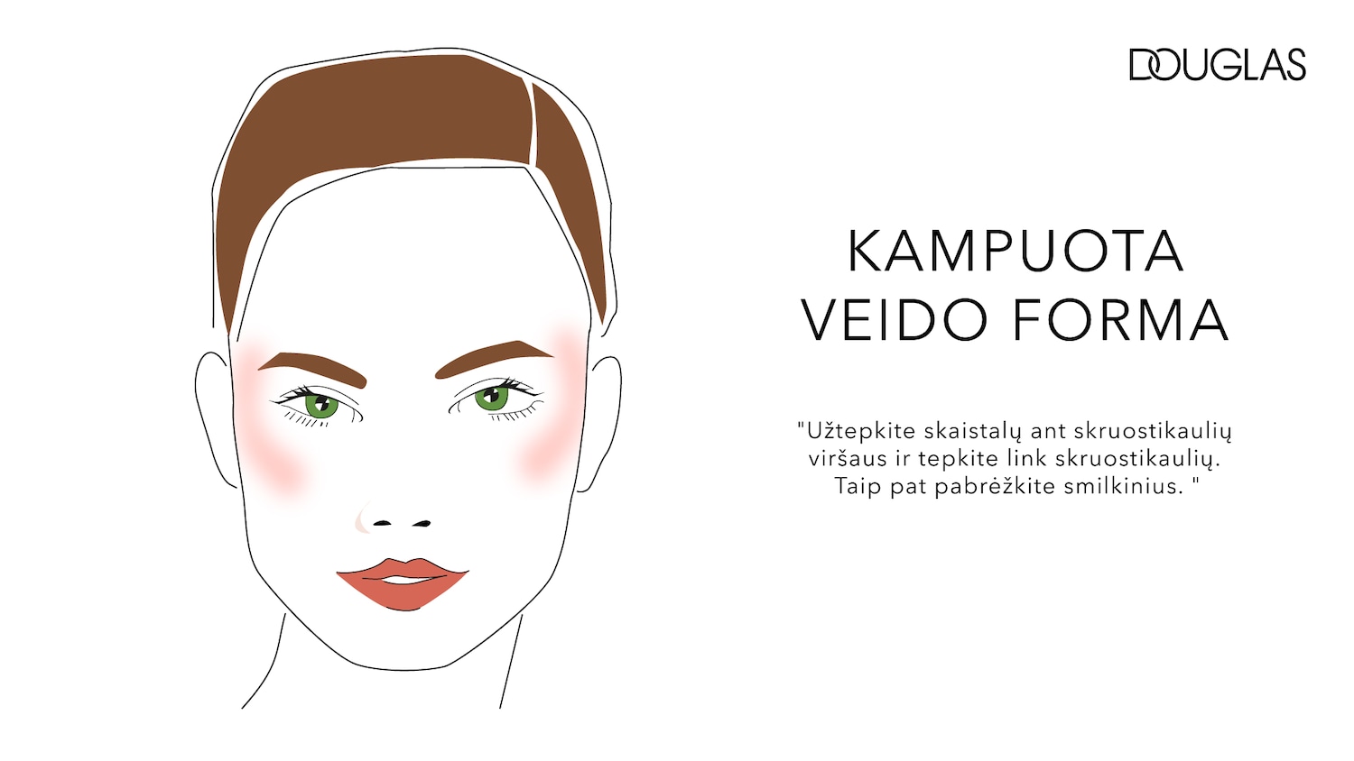 Veido kontūro schema su rudais plaukais, žaliomis akimis ir raudonomis lūpomis, skirta kampuotam veido formai pabrėžti.