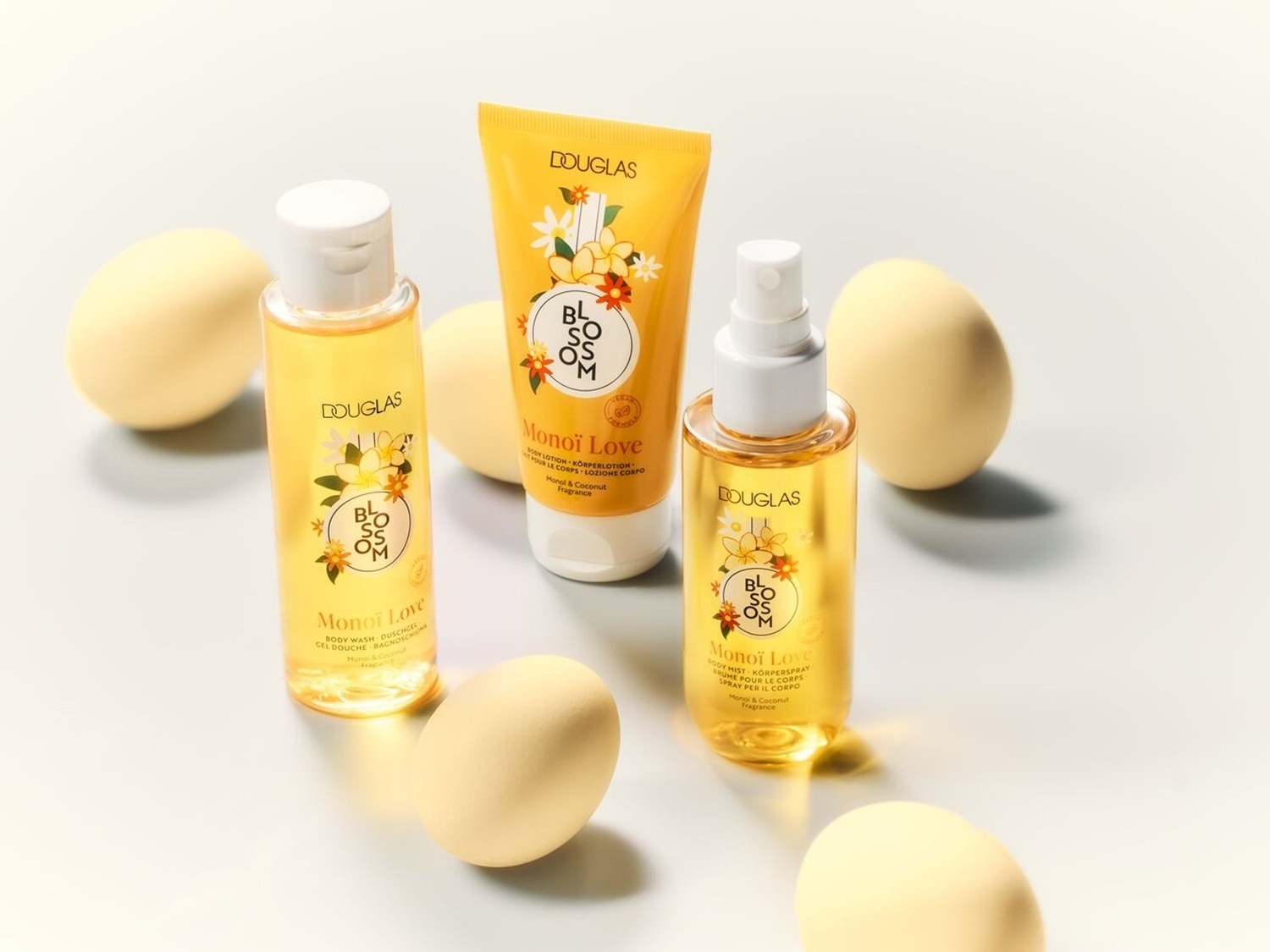 Entdecke die Douglas Blossom Monoi Love Kollektion: Körperlotion, Duschgel und Körperspray mit Monoi- und Kokosduft für ein tropisches Pflegeerlebnis.