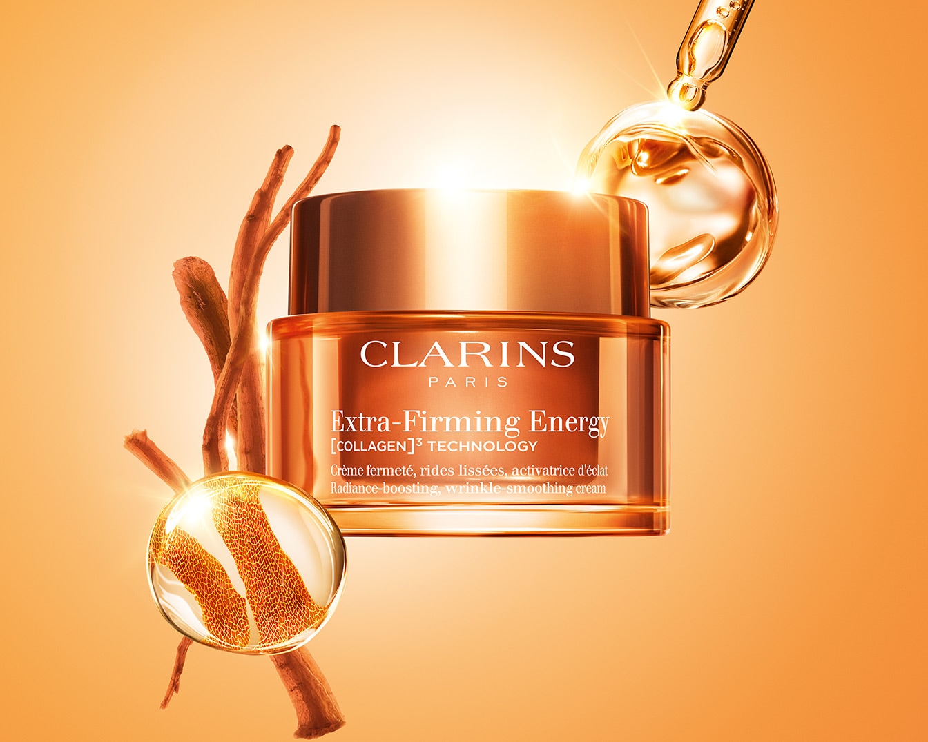 Découvrez la crème Extra-Firming Energy de Clarins Paris, une formule enrichie en [COLLAGEN]3 TECHNOLOGY pour une peau plus ferme, des rides lissées et un éclat ravivé.