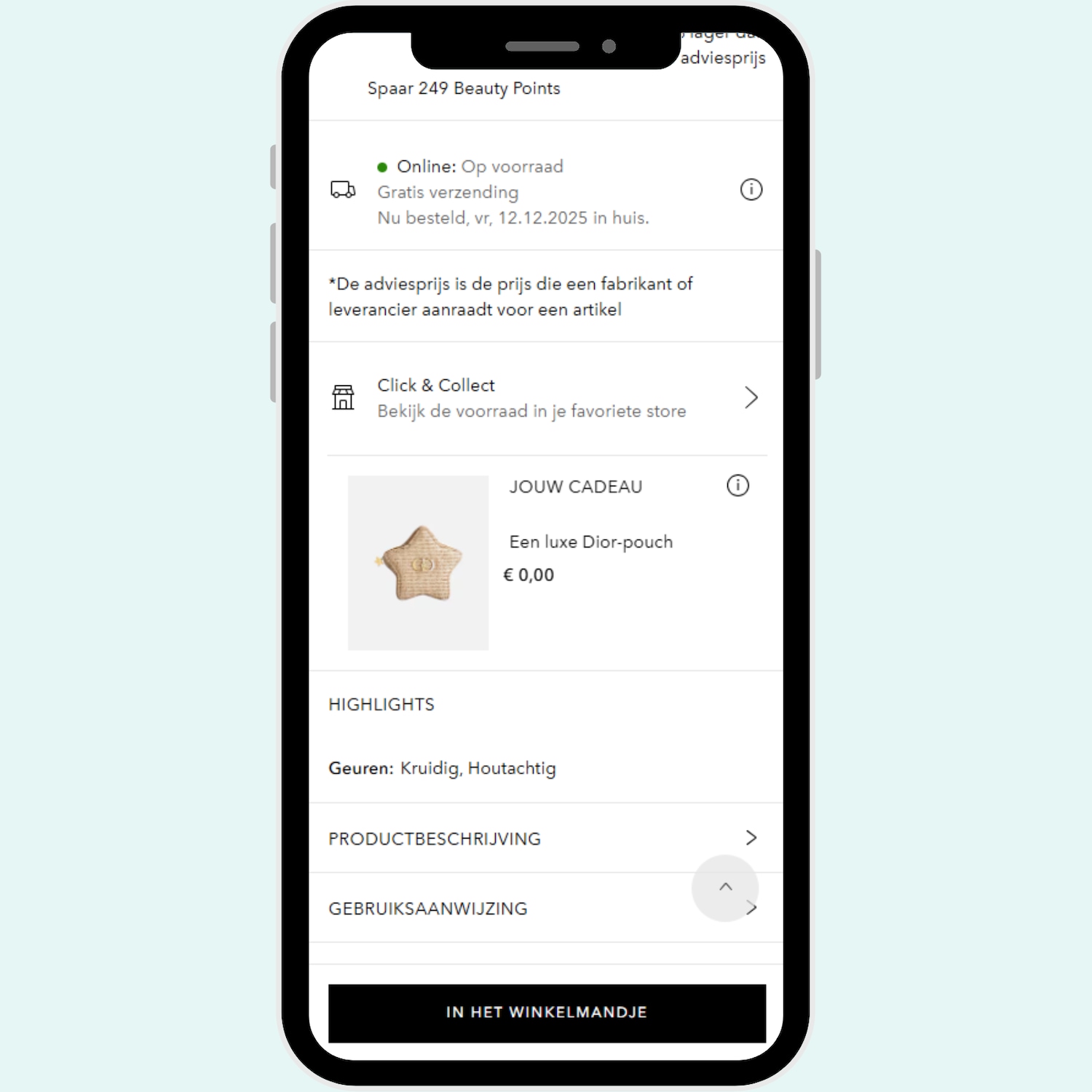 Op de telefoon staat dat je 249 Beauty Points spaart, online op voorraad met gratis verzending en een luxe Dior-pouch van € 0,00 als cadeau.