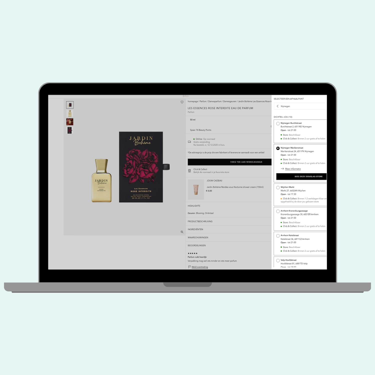 Een laptop toont de 'Les Essences Rose Interdite Eau de Parfum' van Jardin Bohème, een parfum van 50 ml met een bloemige, oriëntaalse geur, nu online beschikbaar met gratis verzending.