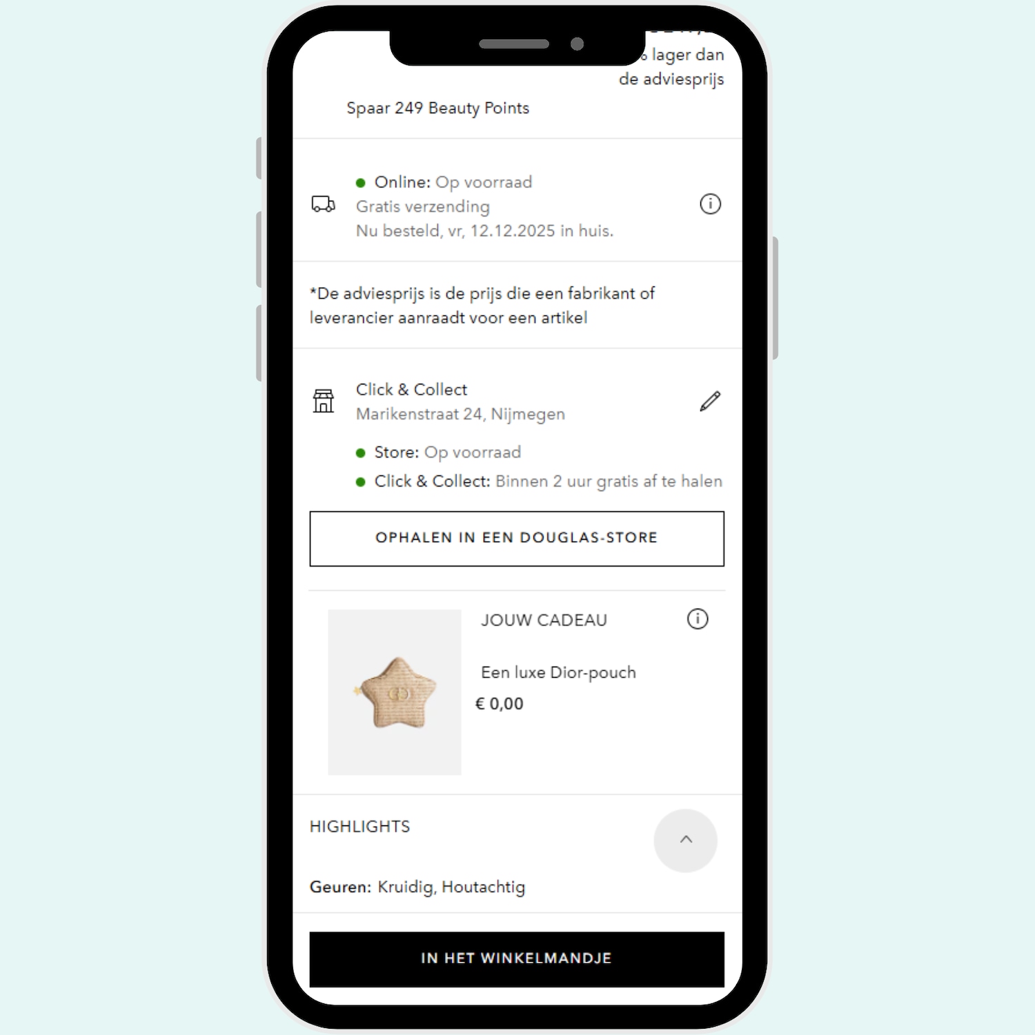 Bekijk de details van je bestelling: gratis verzending, levering op vrijdag 12.12.2025, en een luxe Dior-pouch cadeau bij aankoop.
