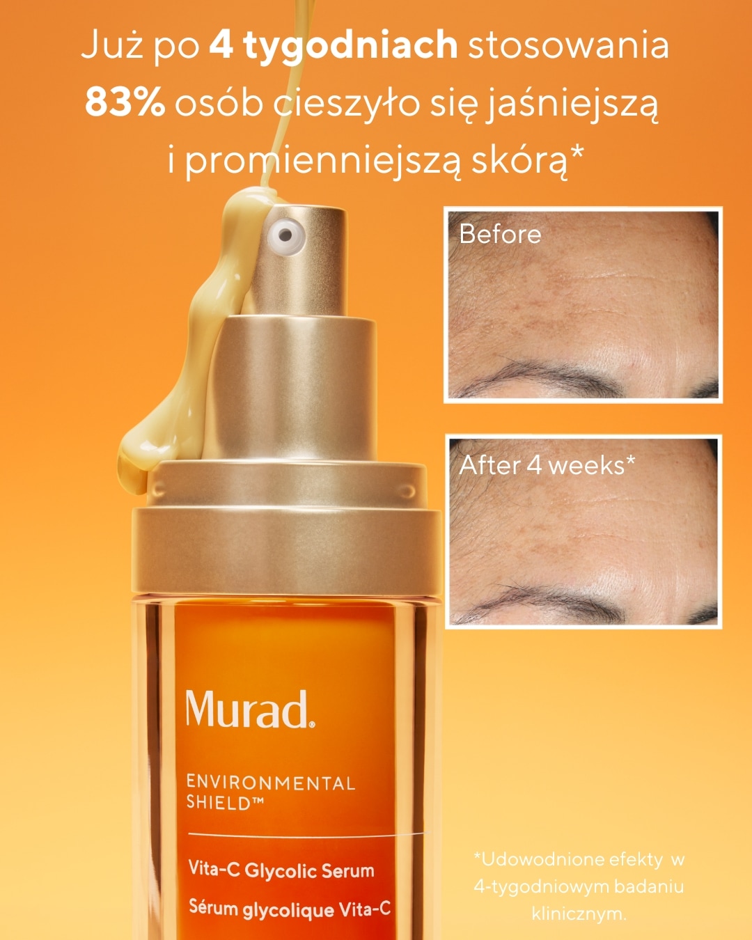 Serum Murad Vita-C Glycolic w pomarańczowym opakowaniu z pompką; 83% osób zauważyło jaśniejszą i promienną skórę już po 4 tygodniach stosowania.