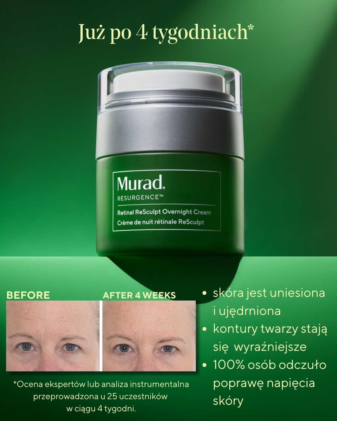 Murad Resurgence Retinal ReSculpt Overnight Cream w zielonym opakowaniu obiecuje widoczne rezultaty już po 4 tygodniach stosowania, skóra staje się uniesiona i jędrna.