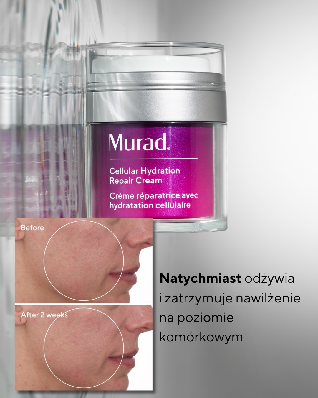 Krem Murad Cellular Hydration Repair w słoiczku z efektem przed i po 2 tygodniach, natychmiast odżywia i zatrzymuje nawilżenie na poziomie komórkowym.