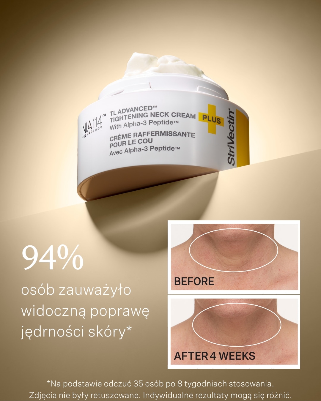 Krem do szyi Strivectin TL Advanced z Alpha-3 Peptide, który według badań poprawia jędrność skóry u 94% osób. Zdjęcia przedstawiają efekt przed i po 4 tygodniach stosowania.