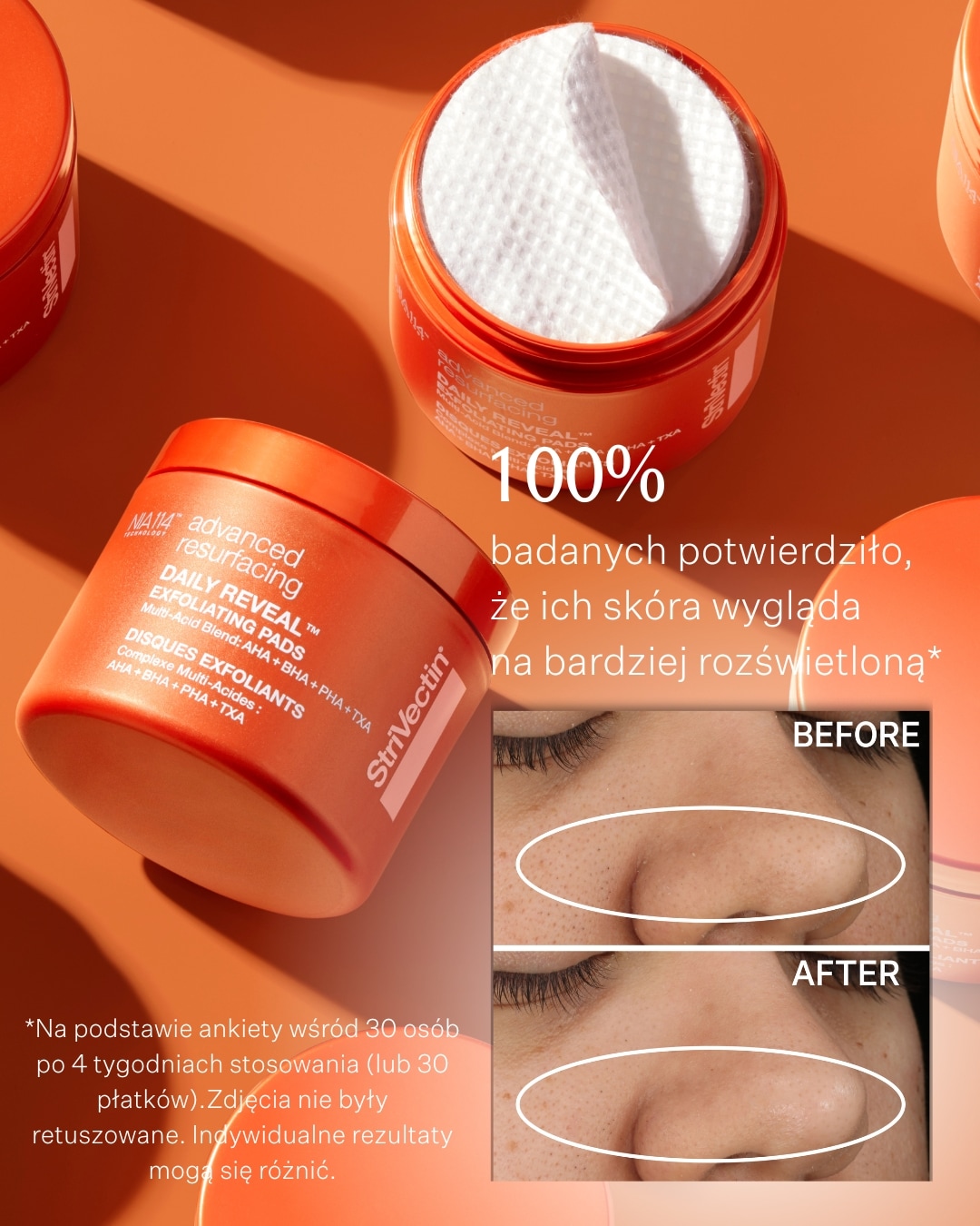 Pomarańczowe opakowanie Strivectin Daily Reveal Exfoliating Pads z napisem, obok otwarte pudełko z białymi płatkami złuszczającymi; badania potwierdzają, że skóra wygląda na bardziej rozświetloną.