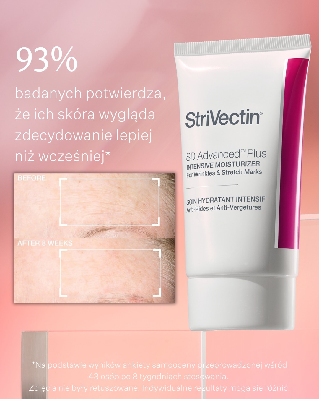 Krem Strivectin SD Advanced Plus Intensive Moisturizer w białym opakowaniu z różowymi akcentami obiecuje, że skóra wygląda zdecydowanie lepiej niż wcześniej.