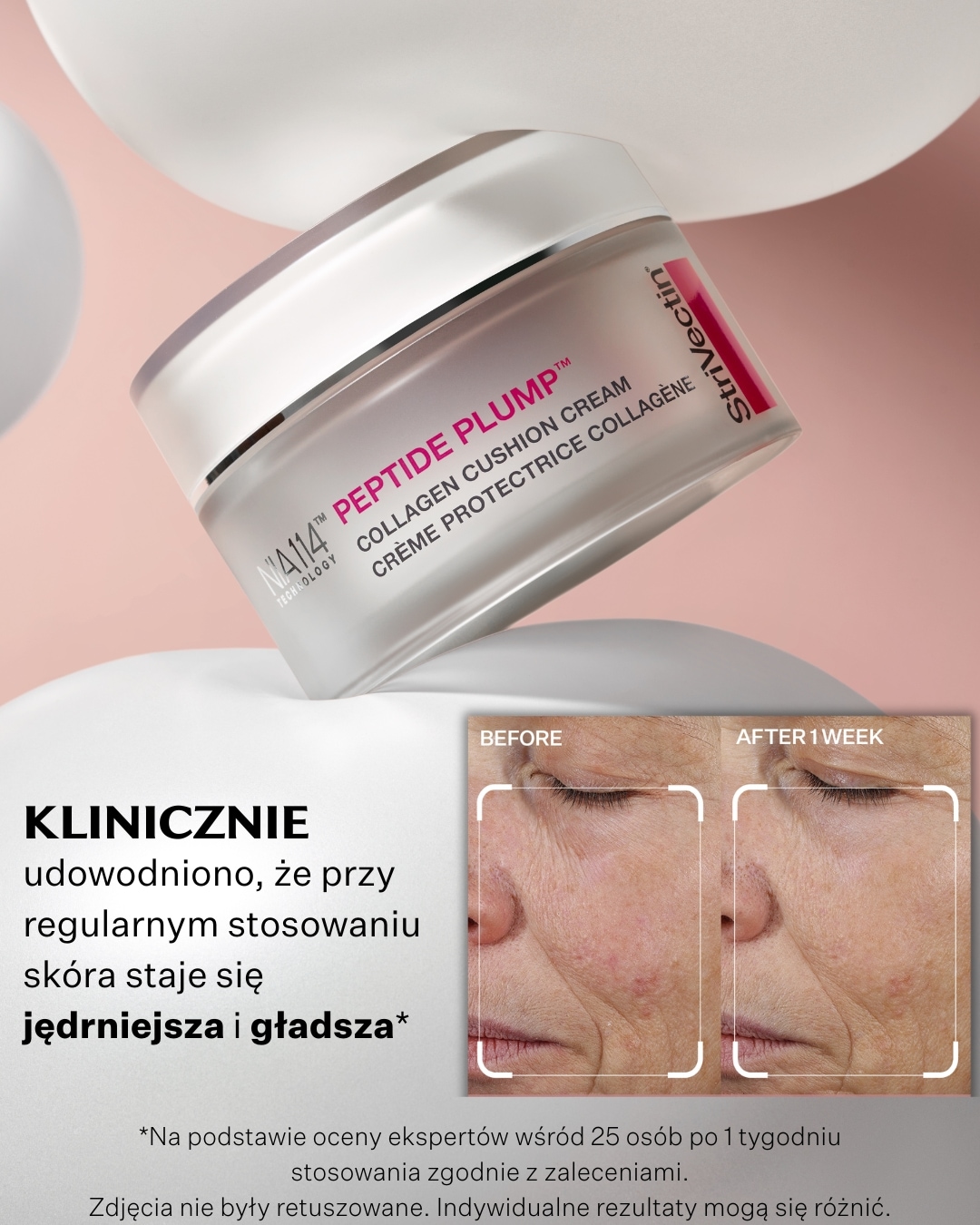 Krem do twarzy Strivectin Peptide Plump Collagen Cushion Cream w białym opakowaniu obiecuje jędrniejszą i gładszą skórę już po tygodniu stosowania.