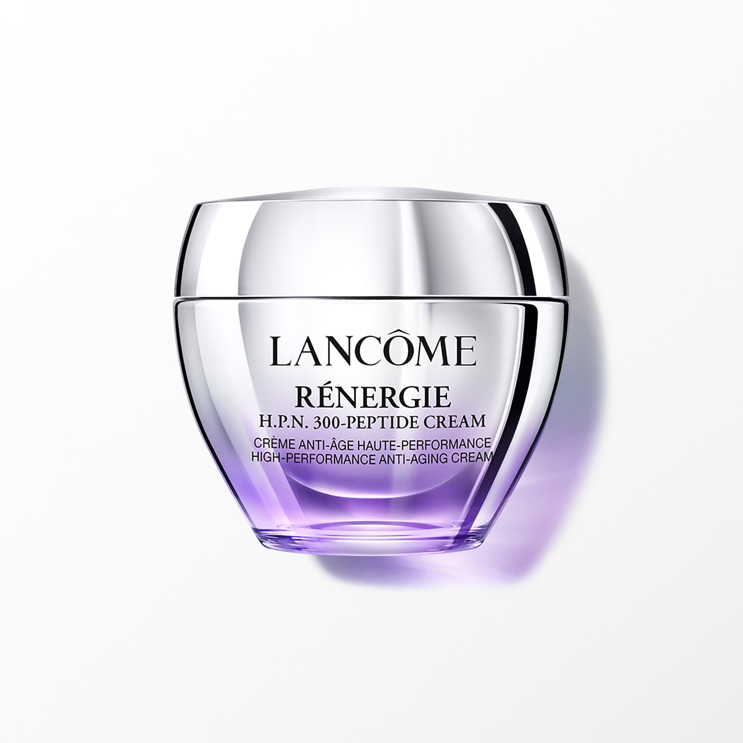 Srebrno-fioletowy słoiczek kremu Lancôme Rénergie H.P.N. 300-Peptide Cream, krem przeciwstarzeniowy o wysokiej skuteczności.