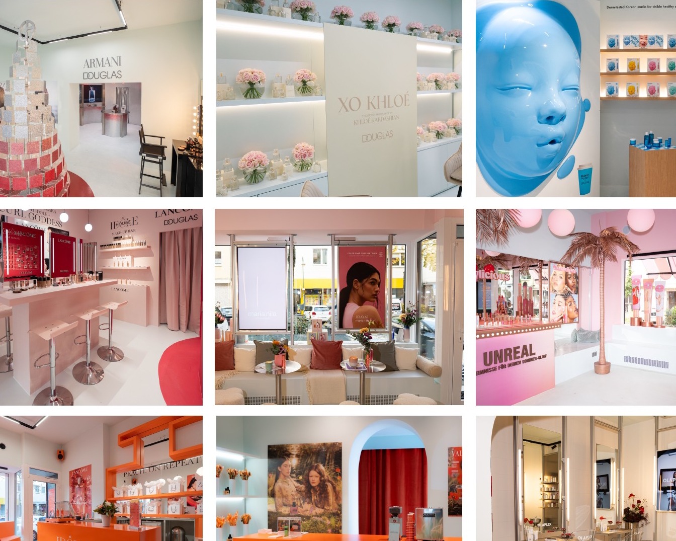 Entdecke die Welt von Douglas mit verschiedenen Beauty-Bereichen, von Armani bis hin zu Khloe Kardashian, in einem einzigen, umfassenden Bild.