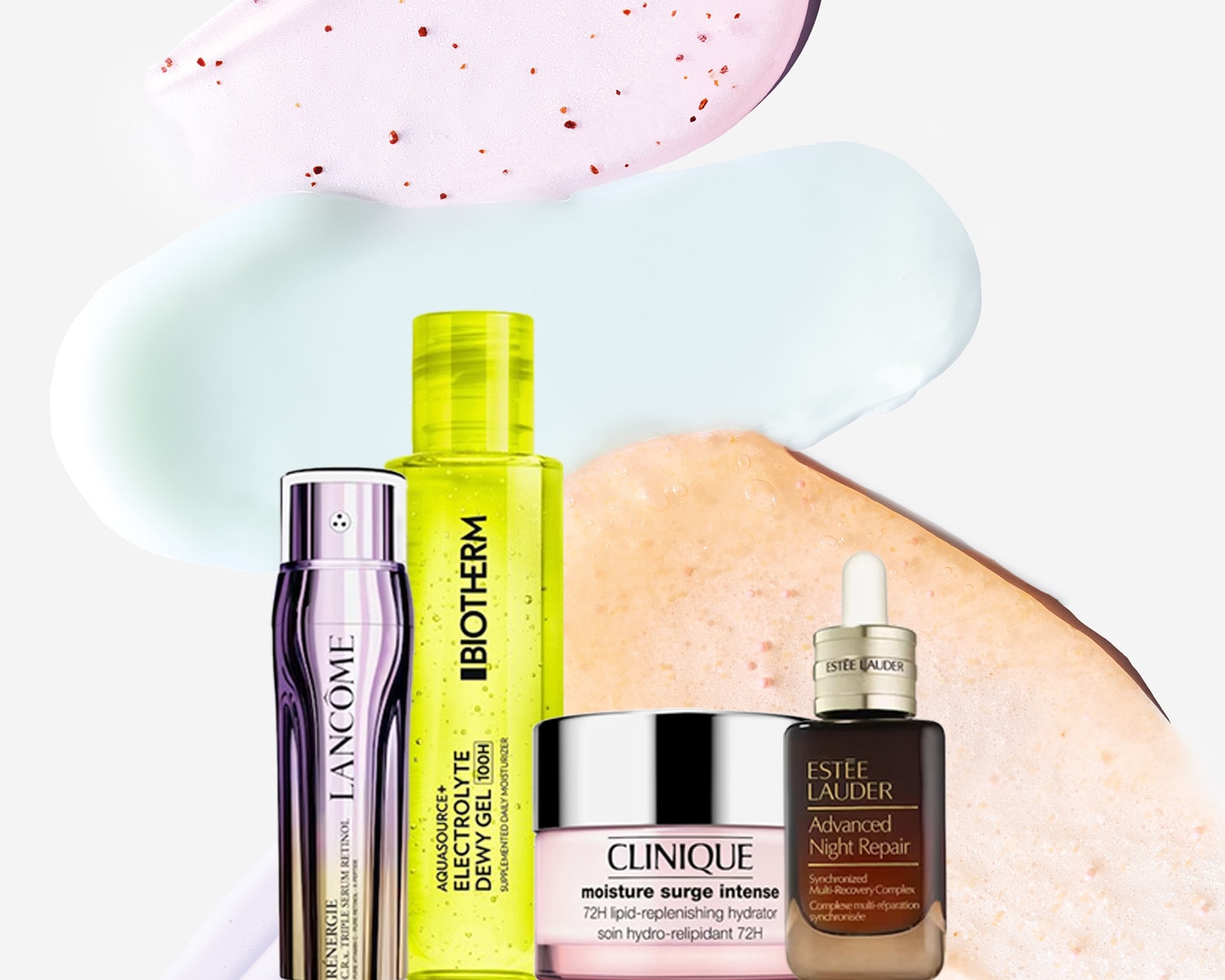 Nuotraukoje matomi „Lancôme Rénergie Triple Serum Retinol“, „Biotherm Aquasource Electrolyte Dewy Gel“, „Clinique Moisture Surge Intense“ ir „Estée Lauder Advanced Night Repair“ odos priežiūros produktai ant spalvingų tepinėlių fono.