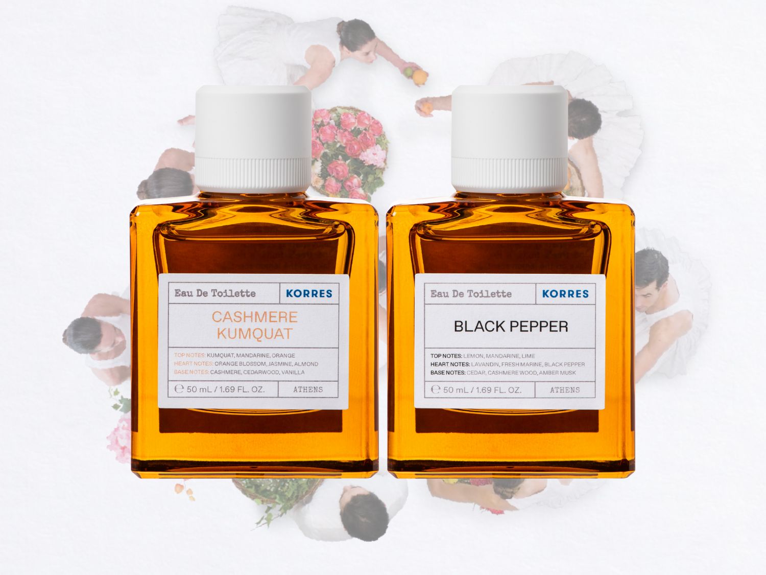 Dwa flakony Eau de Toilette Korres: Cashmere Kumquat o nutach kumkwatu, mandarynki i drzewa cedrowego oraz Black Pepper z nutami cytryny, lawendy i piżma.