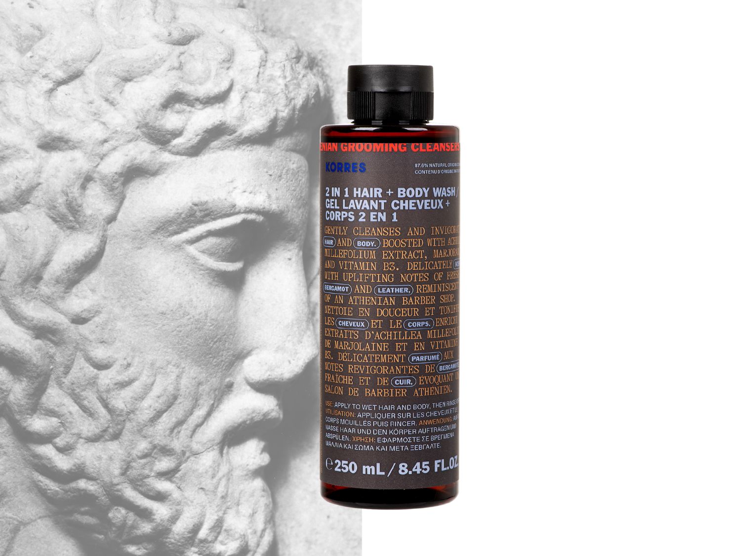 Płyn do mycia włosów i ciała Korres 2 w 1 delikatnie oczyszcza i odświeża, wzbogacony o ekstrakt z krwawnika, majeranek i witaminę B3, z nutami bergamotki i skóry.