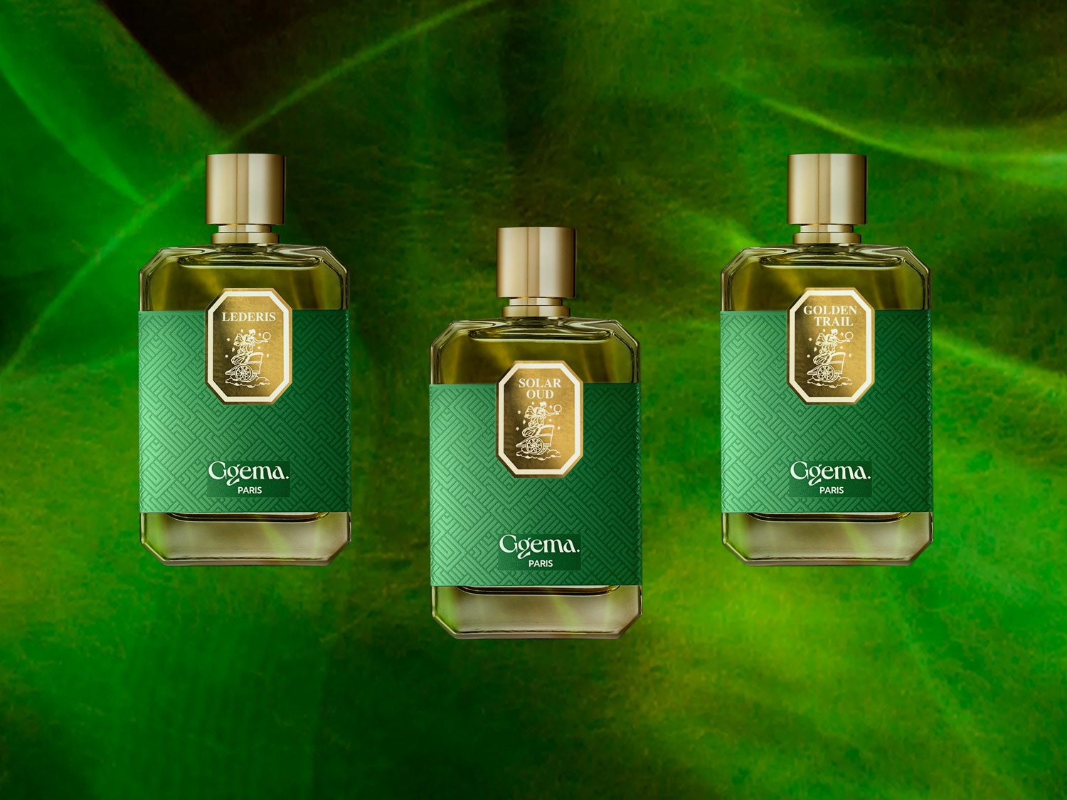 Trzy flakony perfum Cigema Paris: Ledris, Solar Oud i Golden Trail, każdy z zieloną etykietą i złotymi akcentami, prezentowane na tle w odcieniach zieleni.