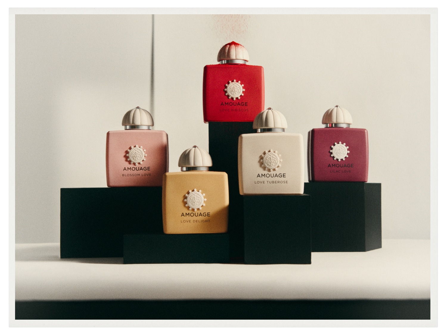 Eine Kollektion von Amouage-Parfums in verschiedenen Farbtönen, darunter Blossom Love in Rosa, Love Delight in Gelb, Love Hibiscus in Rot, Love Tuberose in Beige und Lilac Love in Lila.