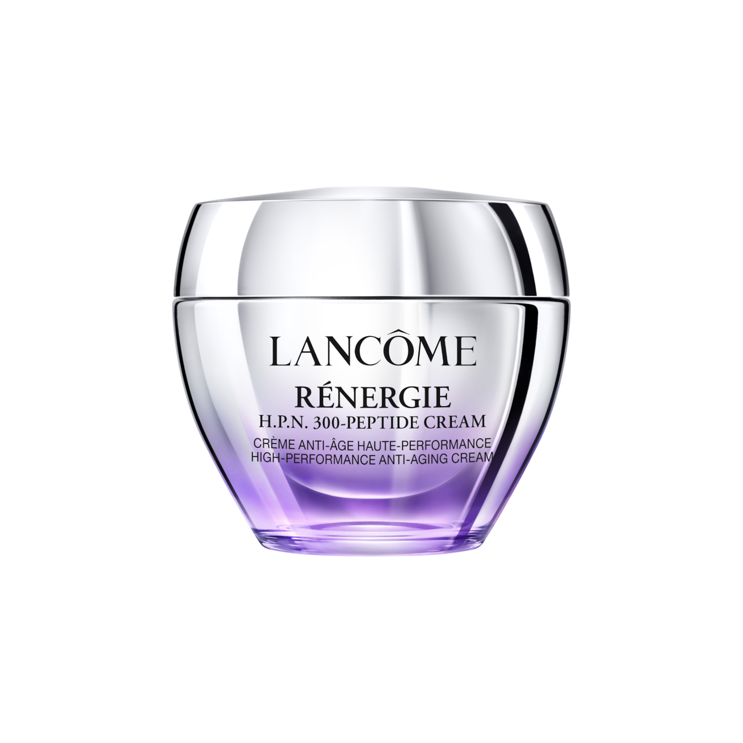 Nahaufnahme eines Lancôme Rénergie H.P.N. 300-Peptide Cream Tiegels mit silbernem Deckel und violettem Farbverlauf am Boden.