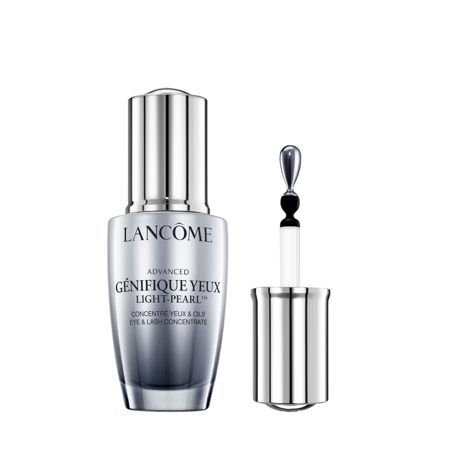 Lancôme Advanced Génifique Yeux Light-Pearl Augen- und Wimpernkonzentrat in einer silberfarbenen Flasche mit Pipette.