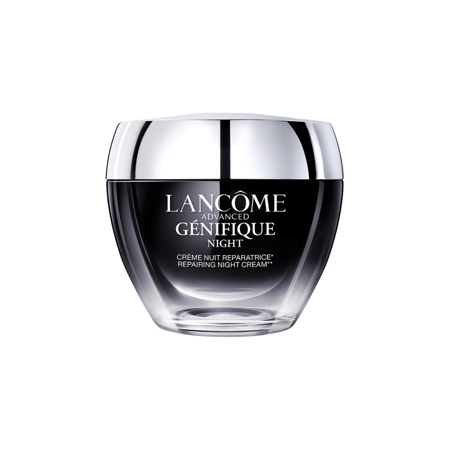 Die Lancôme Advanced Génifique Nachtcreme in einem schwarzen bis durchsichtigen Tiegel mit silberfarbenem Deckel.