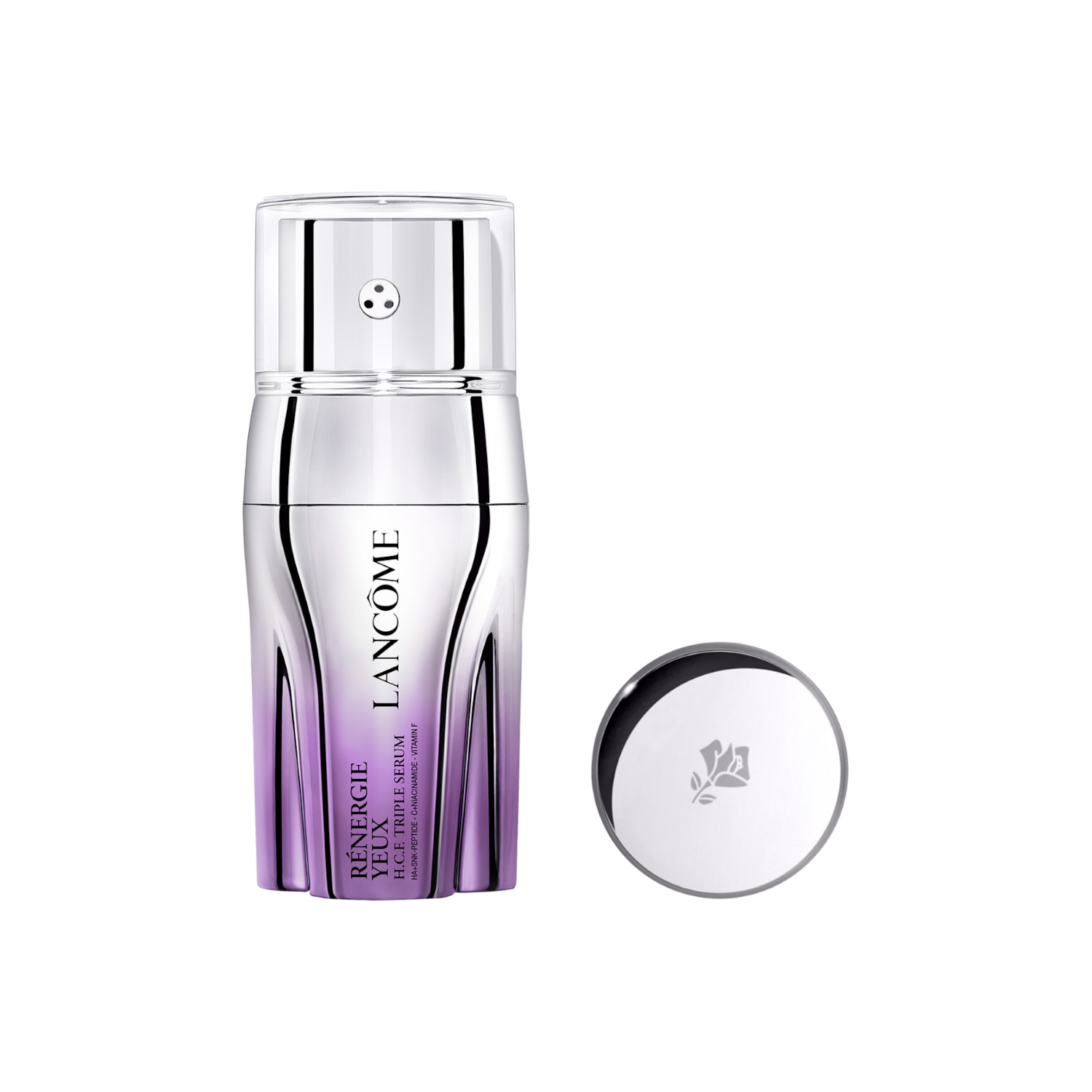 Das Lancôme Rénergie Yeux H.C.F. Triple Serum in einer silber-lila schimmernden Verpackung mit durchsichtigem Deckel und separatem silbernen Deckel.