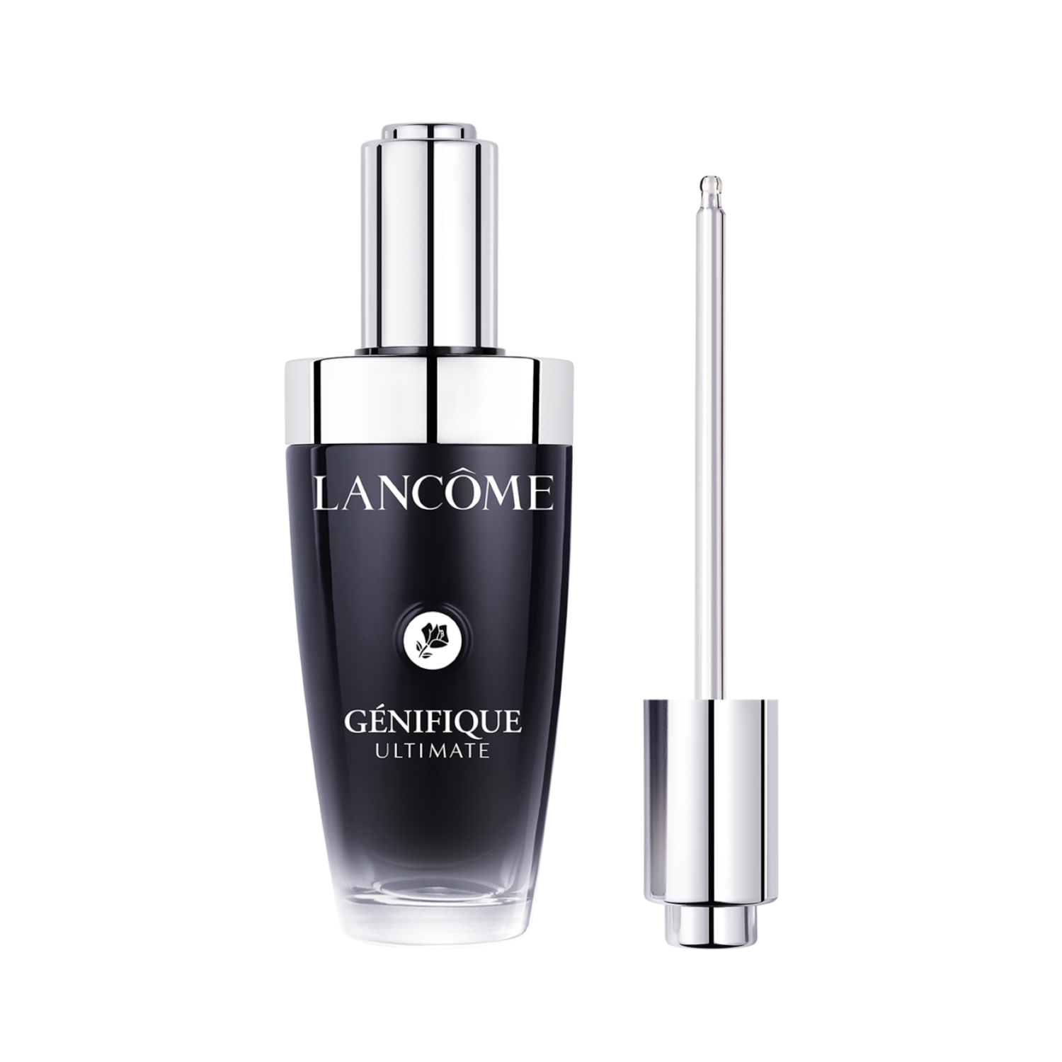 Lancôme Génifique Ultimate Serum präsentiert sich in einer eleganten, schwarz-silbernen Flasche mit Pipette