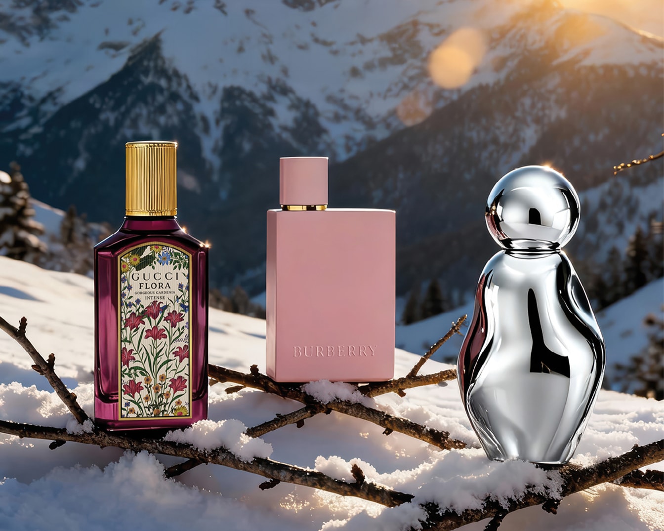 Trois parfums de marques différentes sont posés sur une branche enneigée, avec en arrière-plan des montagnes enneigées et un ciel ensoleillé.