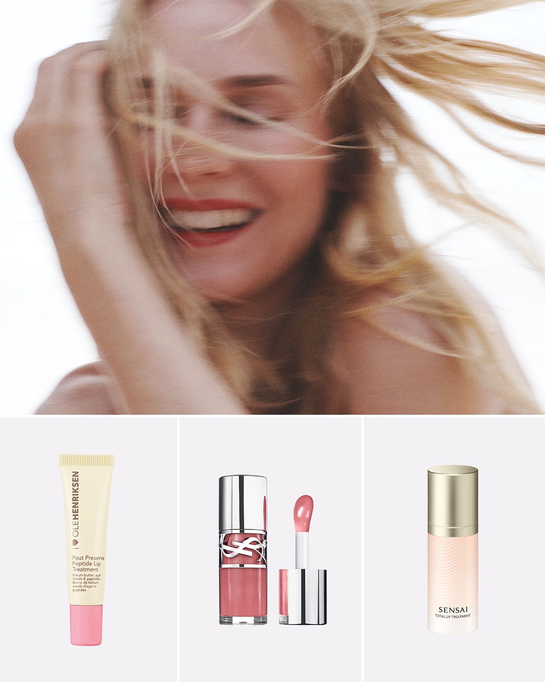 Uśmiechnięta blondynka z czerwonymi ustami prezentuje trzy produkty do pielęgnacji ust: Olehenriksen Pout Preserve Peptide Lip Treatment w tubce, YSL Candy Glaze w różowym odcieniu i Sensai Total Lip Treatment w beżowym opakowaniu.