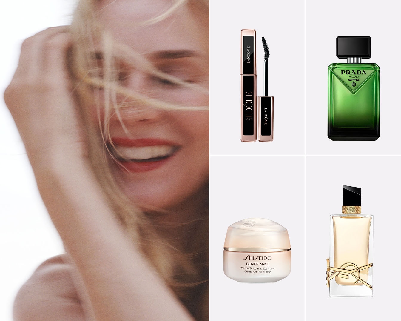 Na zdjęciu uśmiechnięta kobieta z rozmazanym pierwszym planem, obok niej tusz do rzęs Lancôme Idôle, zielona woda toaletowa Prada, krem pod oczy Shiseido Benefiance i woda perfumowana Yves Saint Laurent.