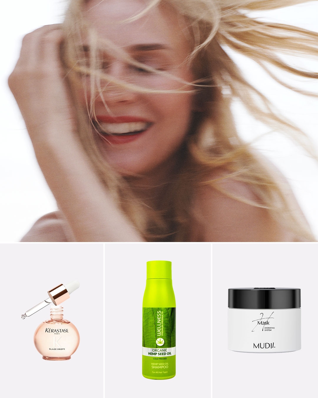 Uśmiechnięta blondwłosa kobieta z włosami opadającymi na twarz, w tle produkty do pielęgnacji włosów: olejek, szampon i maska.