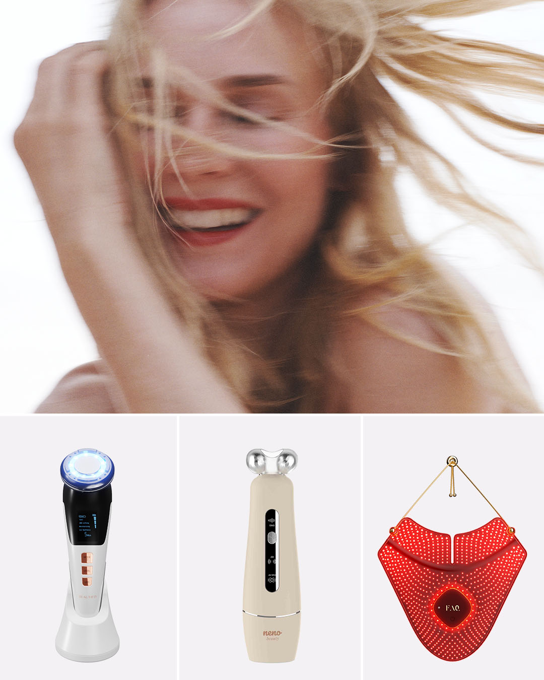 Promienna kobieta z blond włosami i czerwonymi ustami uśmiecha się radośnie, prezentując urządzenia do pielęgnacji skóry FAQ i Neno Beauty.