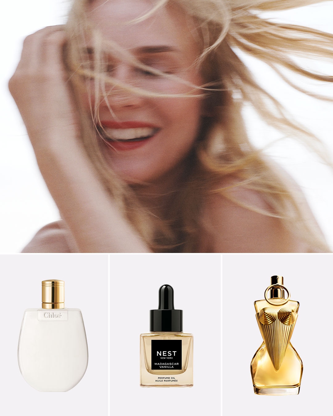 Na pierwszym planie uśmiechnięta kobieta z rozwianymi blond włosami, a poniżej flakony perfum Chloé, Nest New York Madagascar Vanilla w kwadratowej butelce i Jean Paul Gaultier Classique w butelce w kształcie kobiecego torsu.