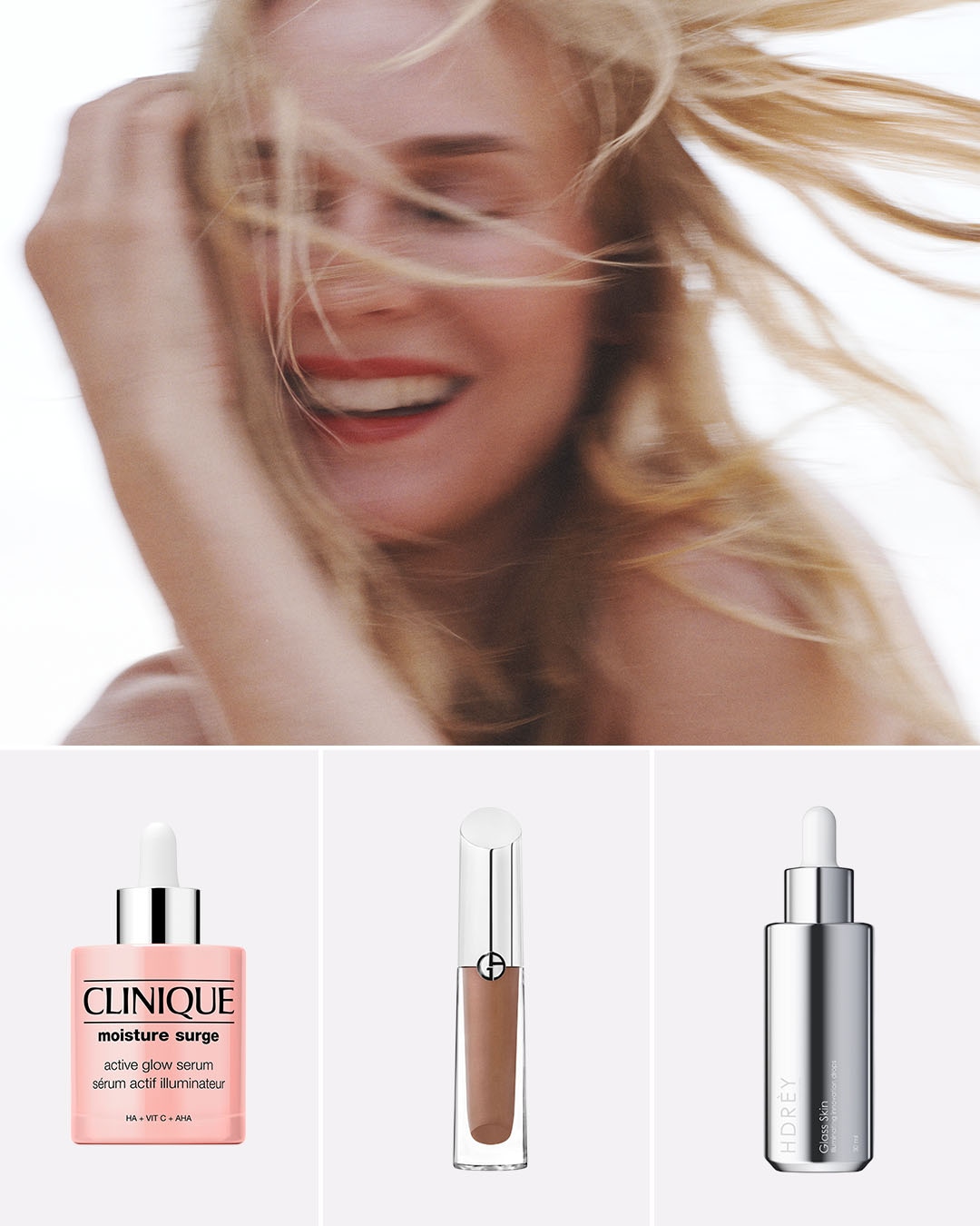 Uśmiechnięta blondwłosa kobieta z trzema produktami do pielęgnacji skóry: Clinique Moisture Surge w różowym opakowaniu, Armani brązowy błyszczyk i HDREY Glass Skin w srebrnym opakowaniu.